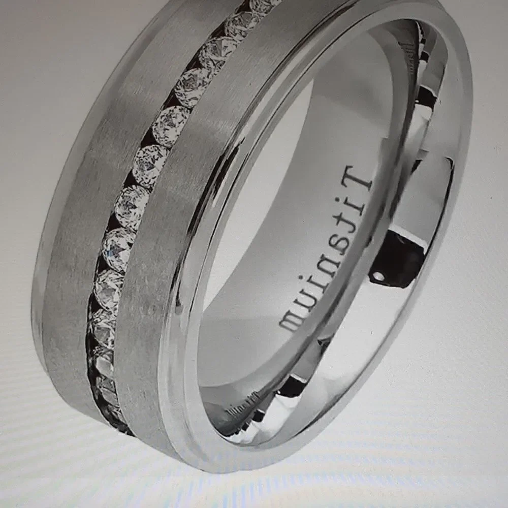 New Titanium Brushed Center Shiny Step Edge CZ Eternity Wedding Ring ‎ Size 7.5